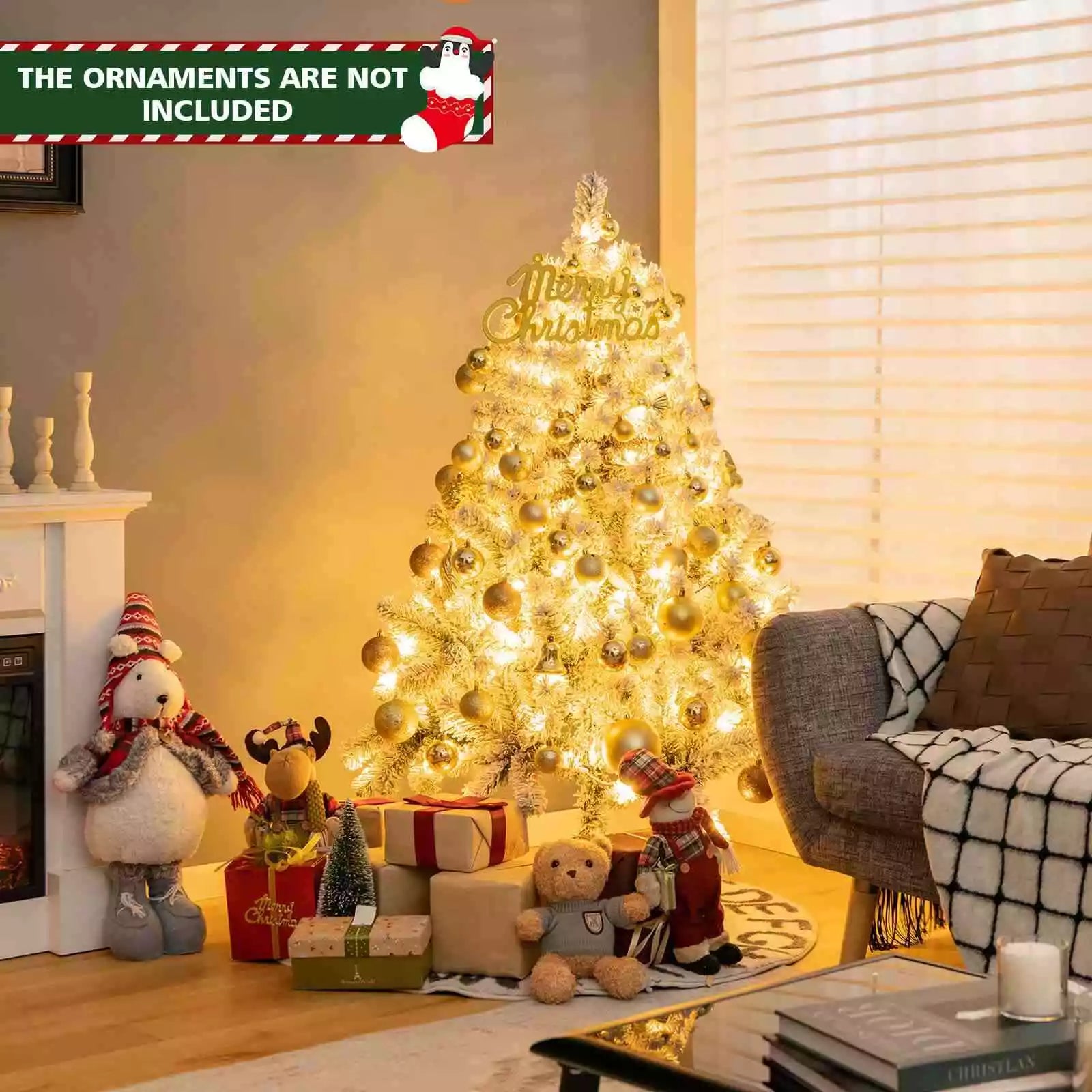 140CM Pre-lit Snow Flocked Christmas Tree Hinged Xmas Decor w/Metal Stand Party