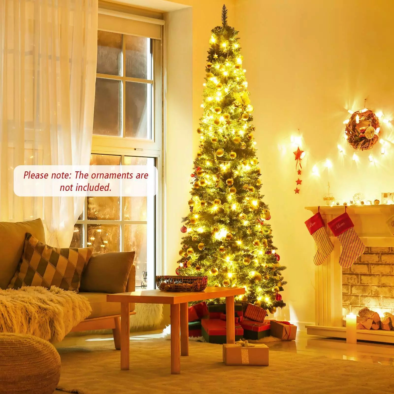 1.5/1.8/2.1/2.4/2.7 M Green Pencil Christmas Tree with 400 PVC Branch Tips and Foldable Sturdy Metal Stand