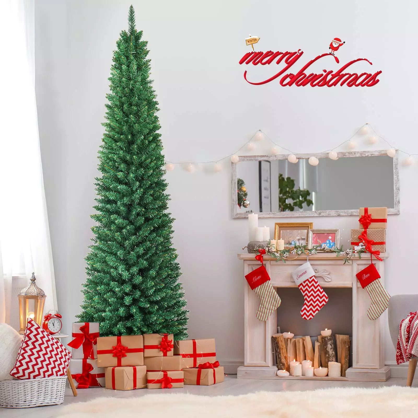 1.5/1.8/2.1/2.4/2.7 M Green Pencil Christmas Tree with 400 PVC Branch Tips and Foldable Sturdy Metal Stand