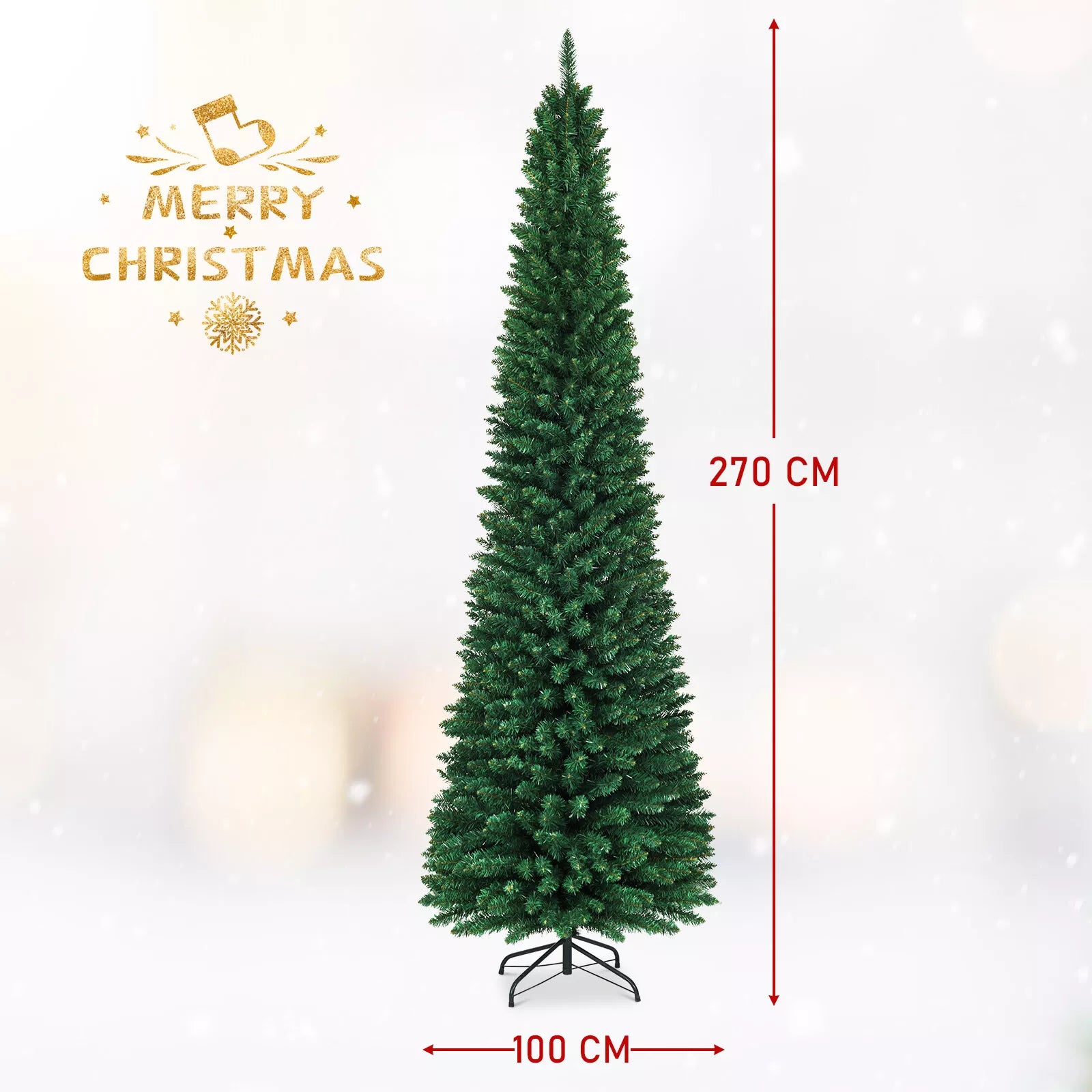 1.5/1.8/2.1/2.4/2.7 M Green Pencil Christmas Tree with 400 PVC Branch Tips and Foldable Sturdy Metal Stand