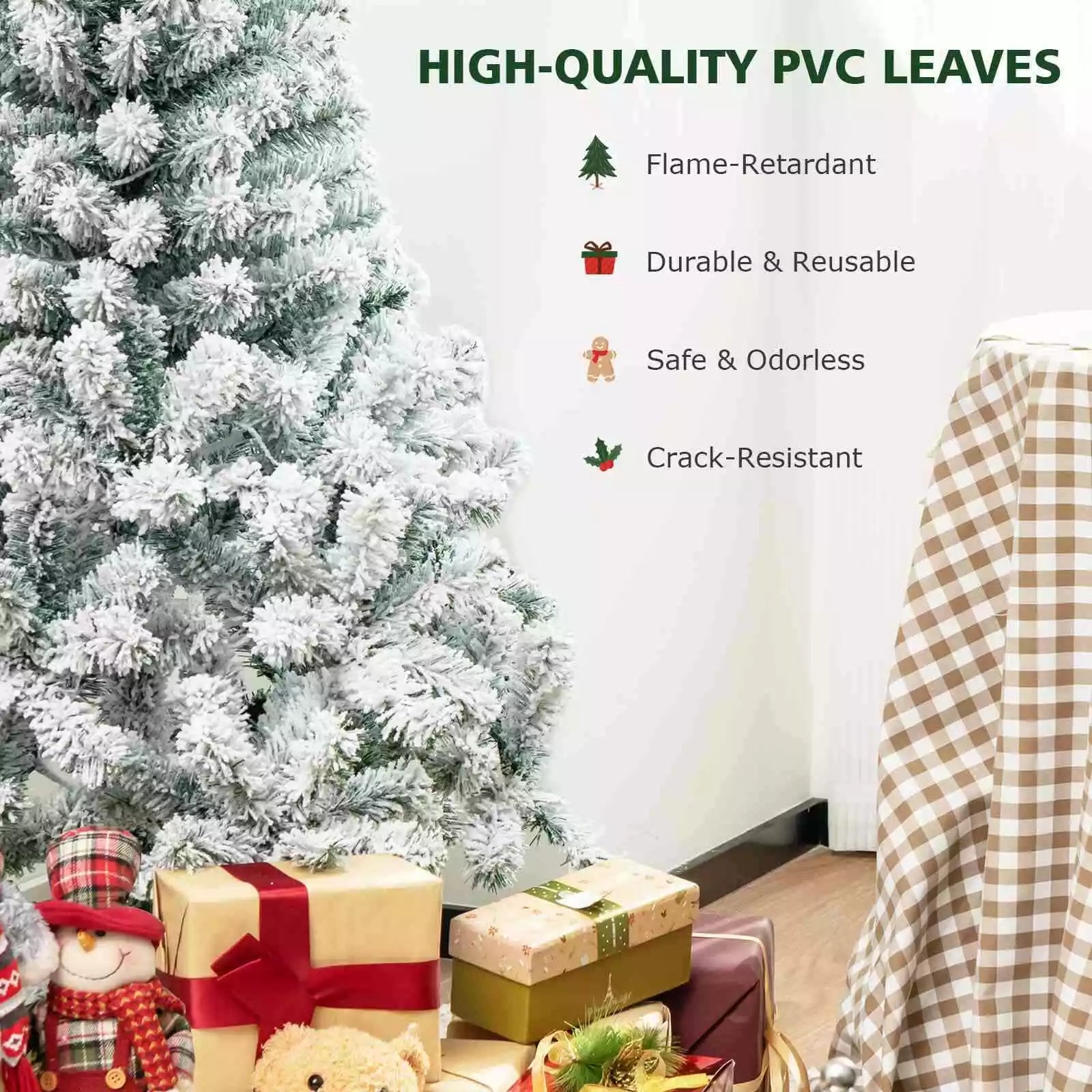 140CM Pre-lit Snow Flocked Christmas Tree Hinged Xmas Decor w/Metal Stand Party