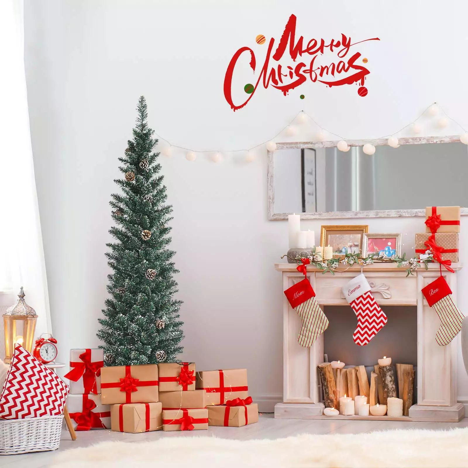 1.5 m/1.8 m/2.1m Artificial Slim Christmas Tree W/ Pine Cones & Snowy Branch Tips