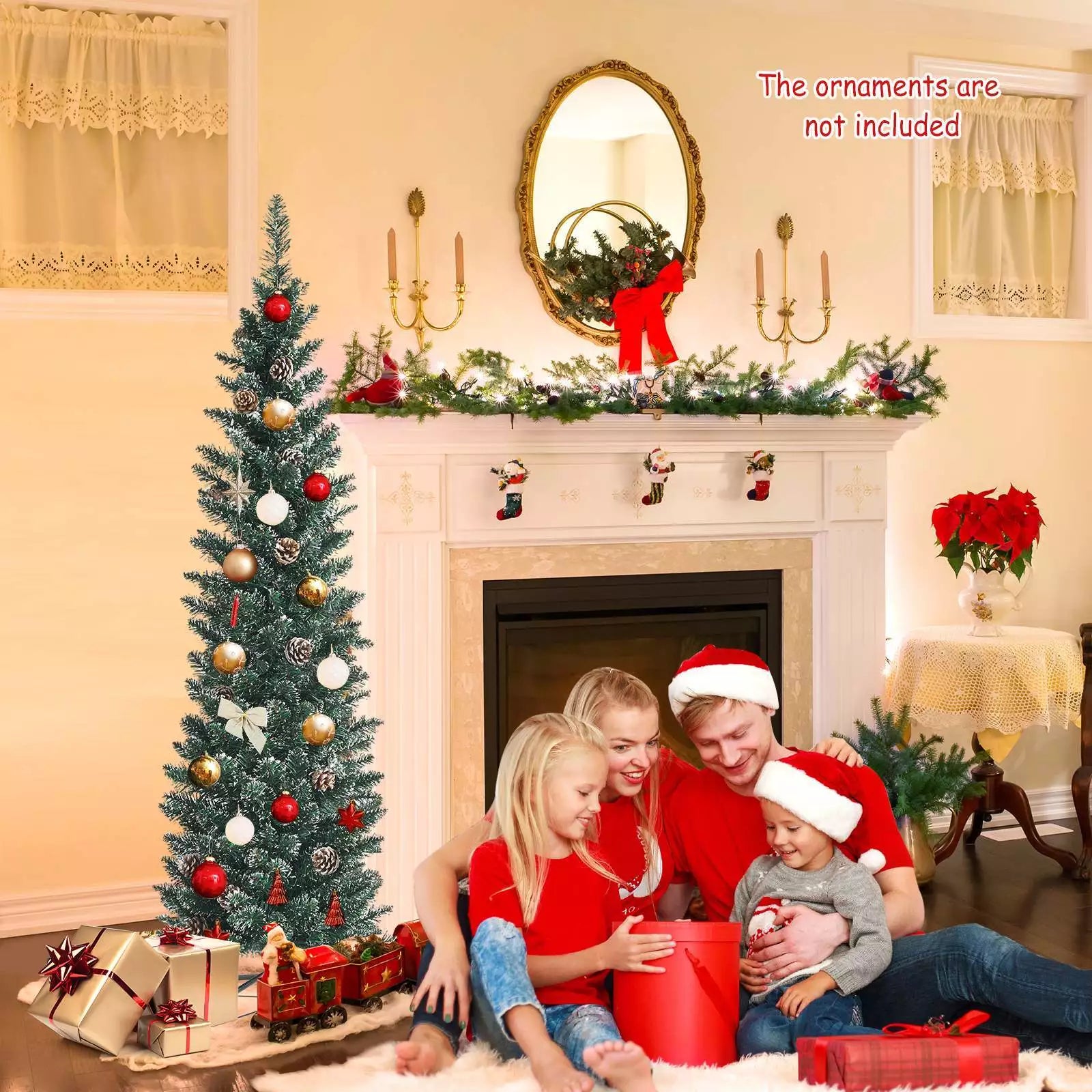 1.5 m/1.8 m/2.1m Artificial Slim Christmas Tree W/ Pine Cones & Snowy Branch Tips