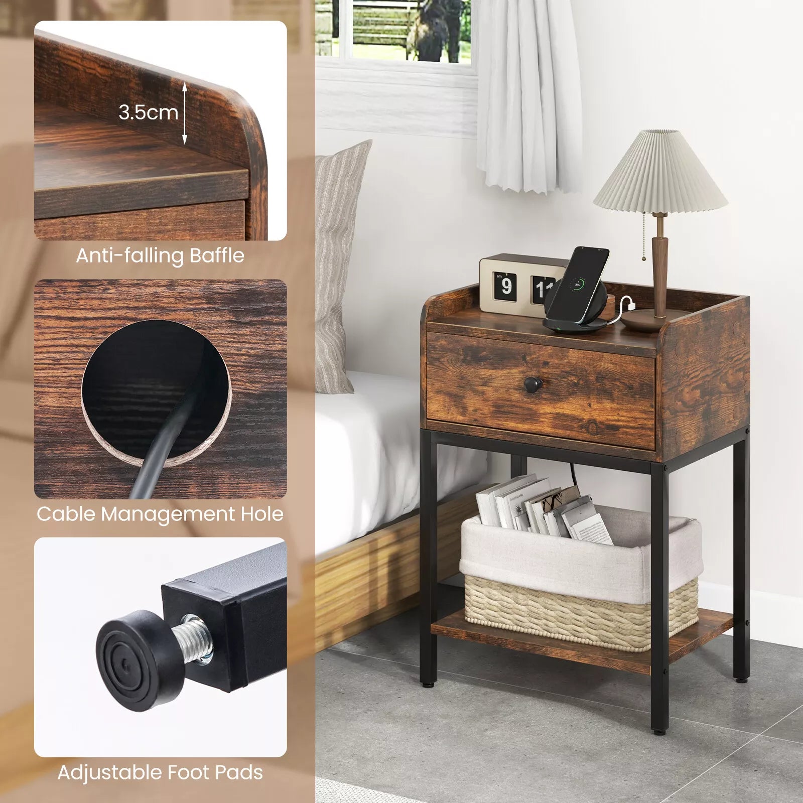 Bedside Table Industrial Nightstand Sofa Side Table Storage Shelf Rustic Brwon