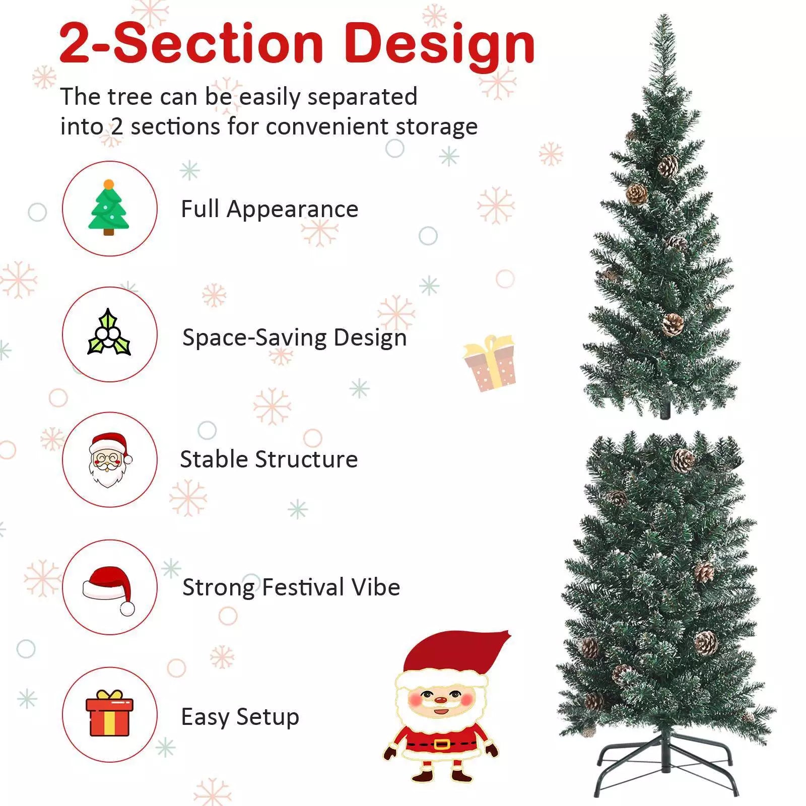 1.5 m/1.8 m/2.1m Artificial Slim Christmas Tree W/ Pine Cones & Snowy Branch Tips