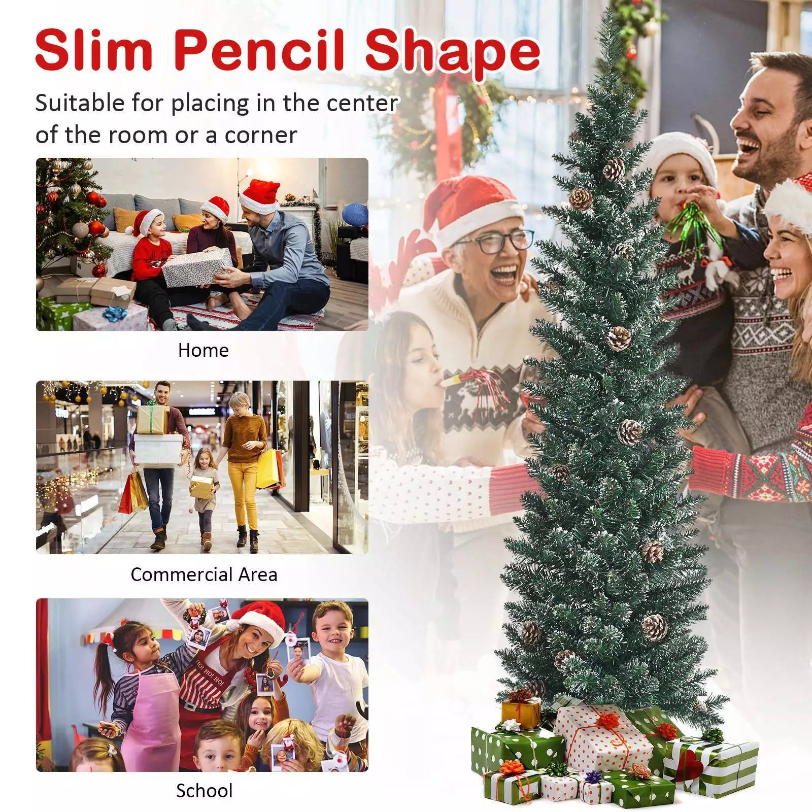 1.5 m/1.8 m/2.1m Artificial Slim Christmas Tree W/ Pine Cones & Snowy Branch Tips
