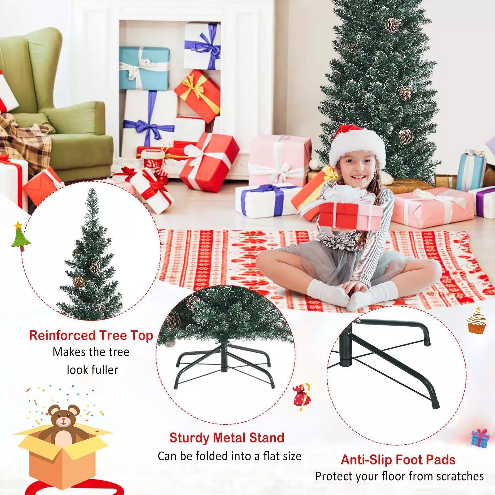 1.5 m/1.8 m/2.1m Artificial Slim Christmas Tree W/ Pine Cones & Snowy Branch Tips