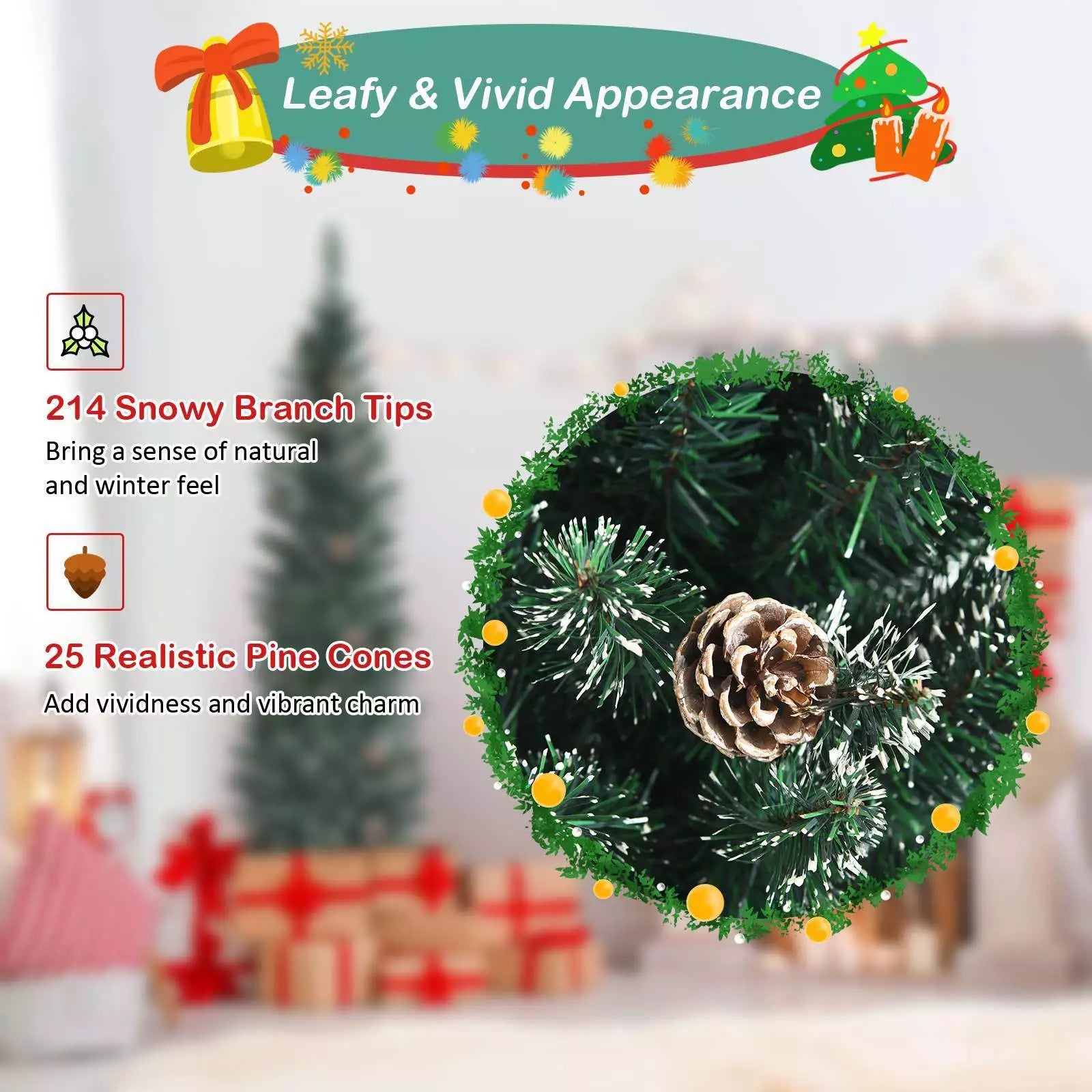 1.5 m/1.8 m/2.1m Artificial Slim Christmas Tree W/ Pine Cones & Snowy Branch Tips