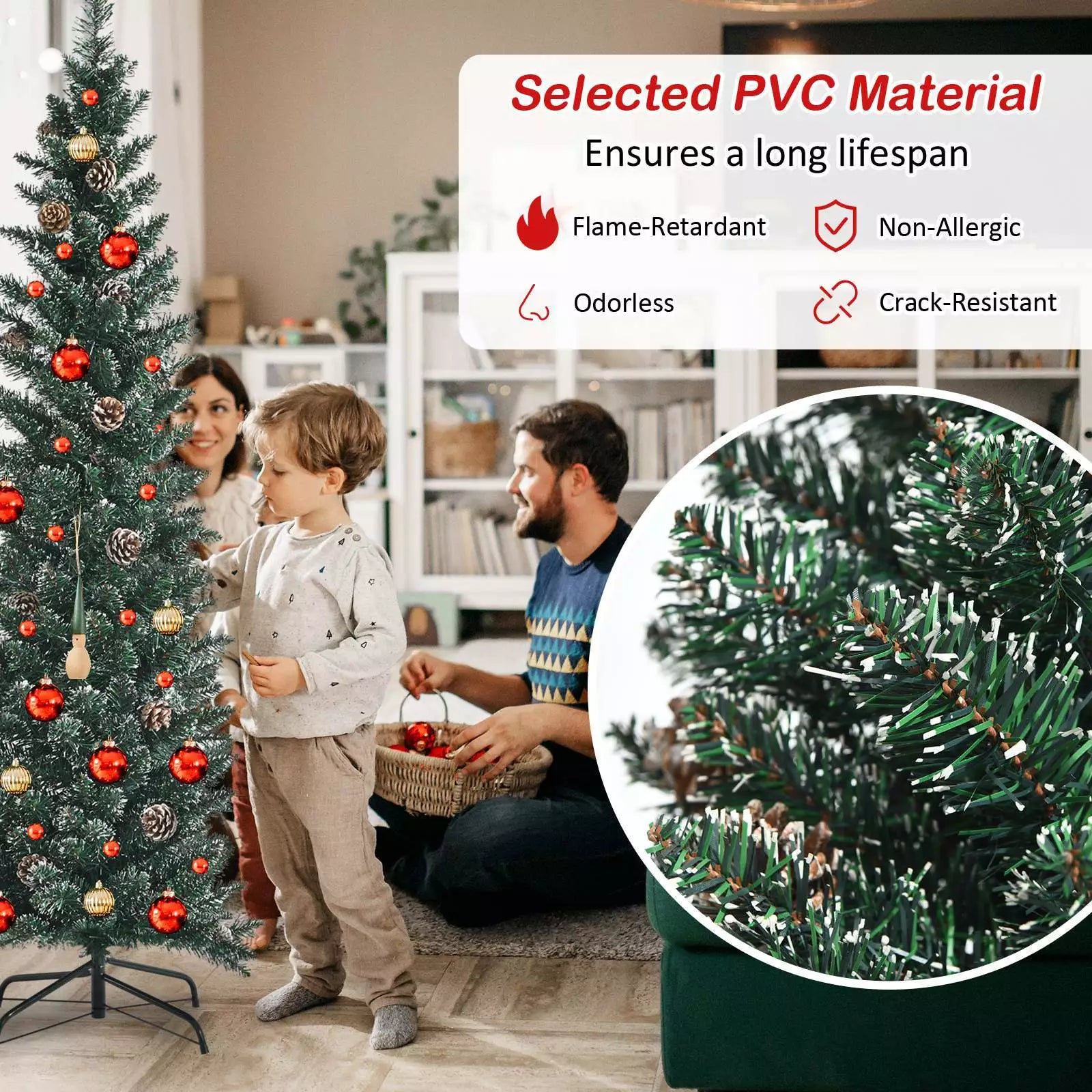 1.5 m/1.8 m/2.1m Artificial Slim Christmas Tree W/ Pine Cones & Snowy Branch Tips