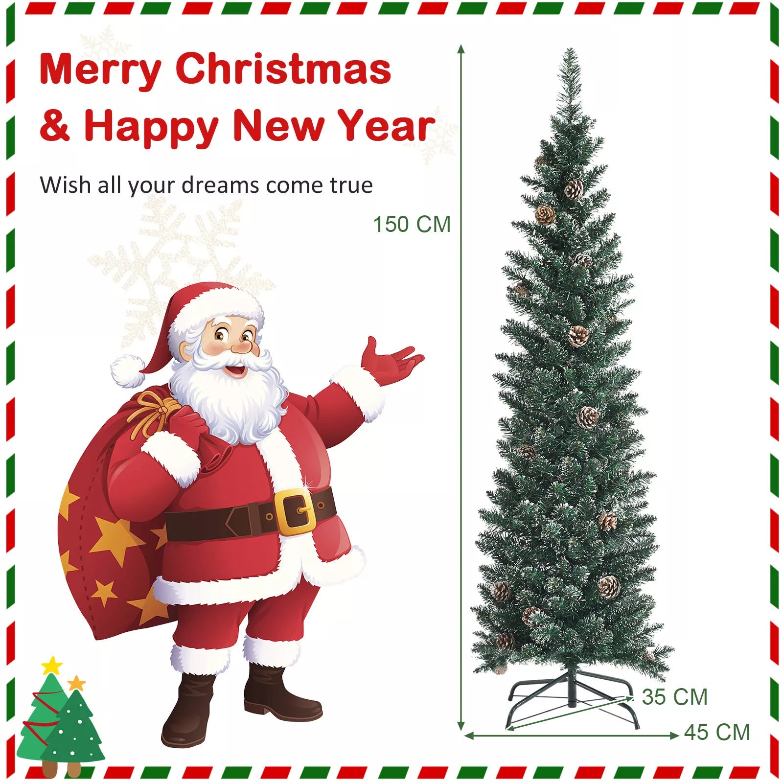 1.5 m/1.8 m/2.1m Artificial Slim Christmas Tree W/ Pine Cones & Snowy Branch Tips