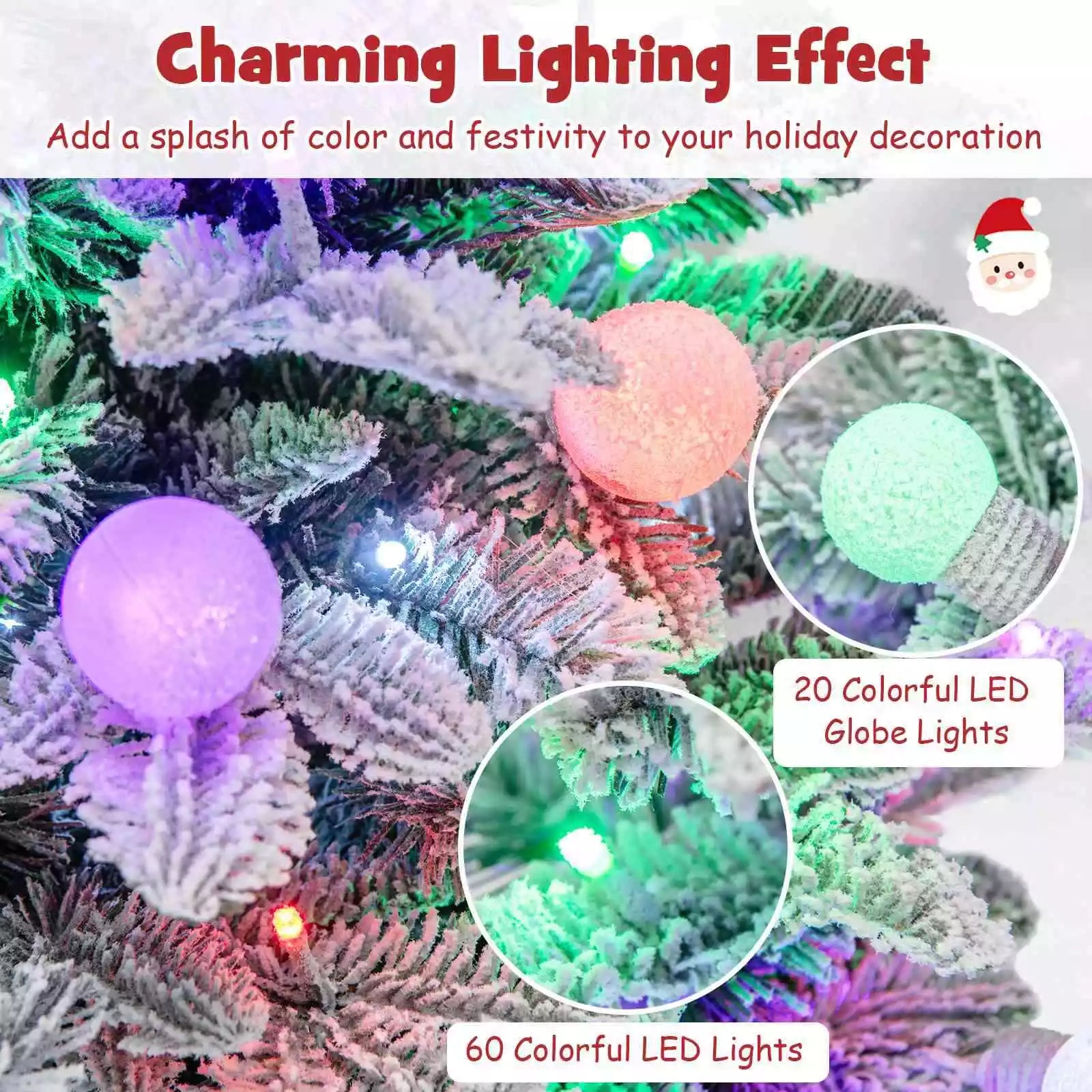 110CM Pre-Lit Snow Flocked Christmas Tree Potted Xmas Decor w/Globe Lights Home