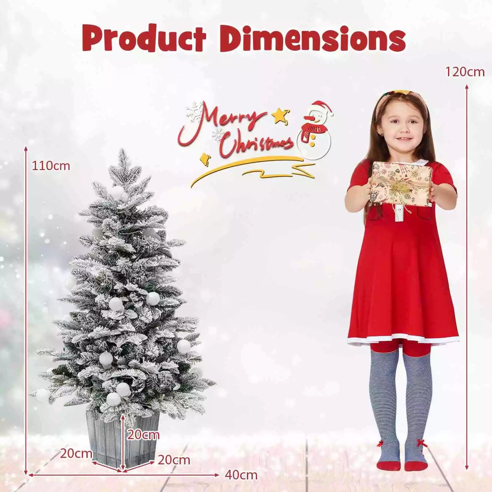 110CM Pre-Lit Snow Flocked Christmas Tree Potted Xmas Decor w/Globe Lights Home