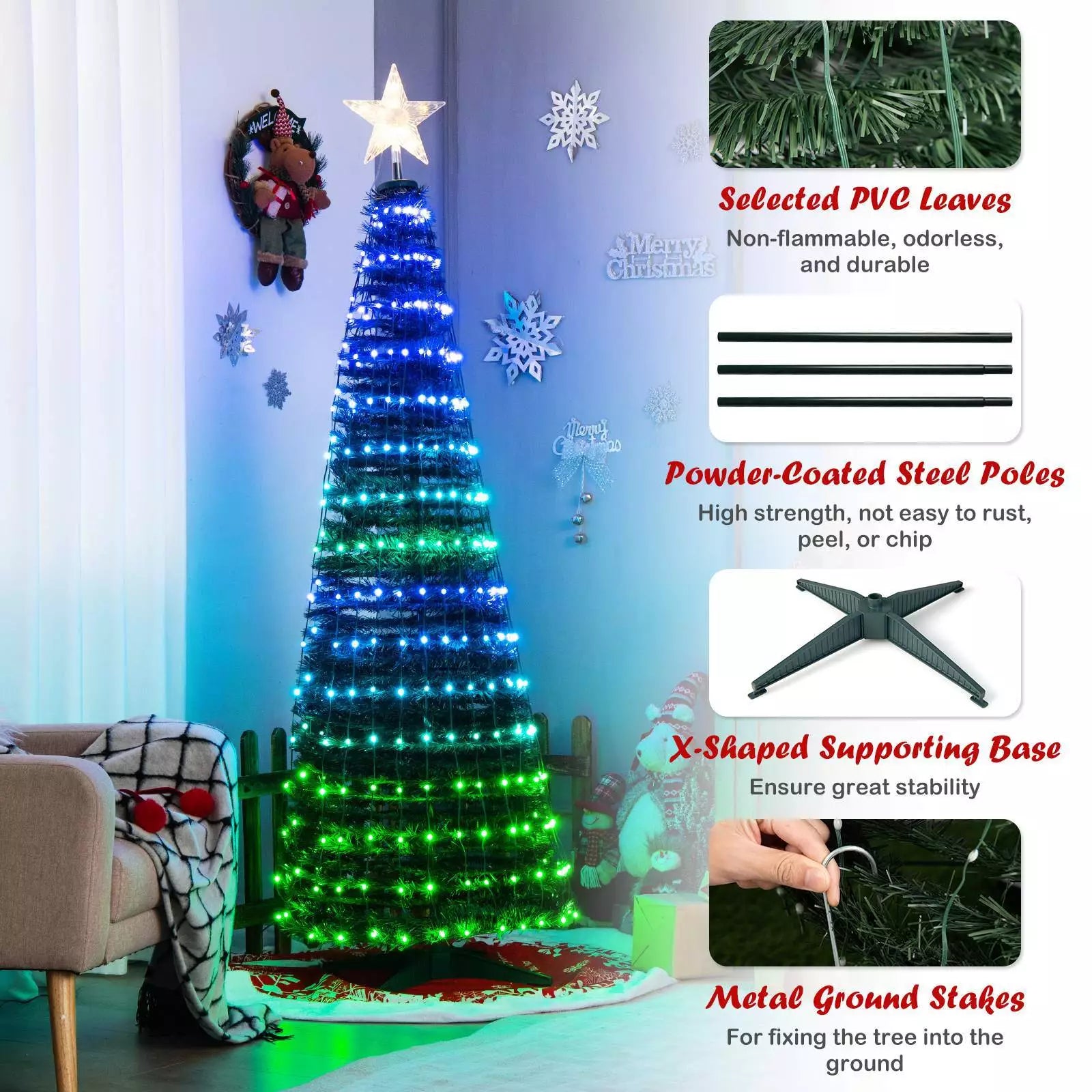 Indoor & Outdoor 190 cm Pop-up Christmas Tree Pre-Lit Xmas Tree w/12 Light Modes