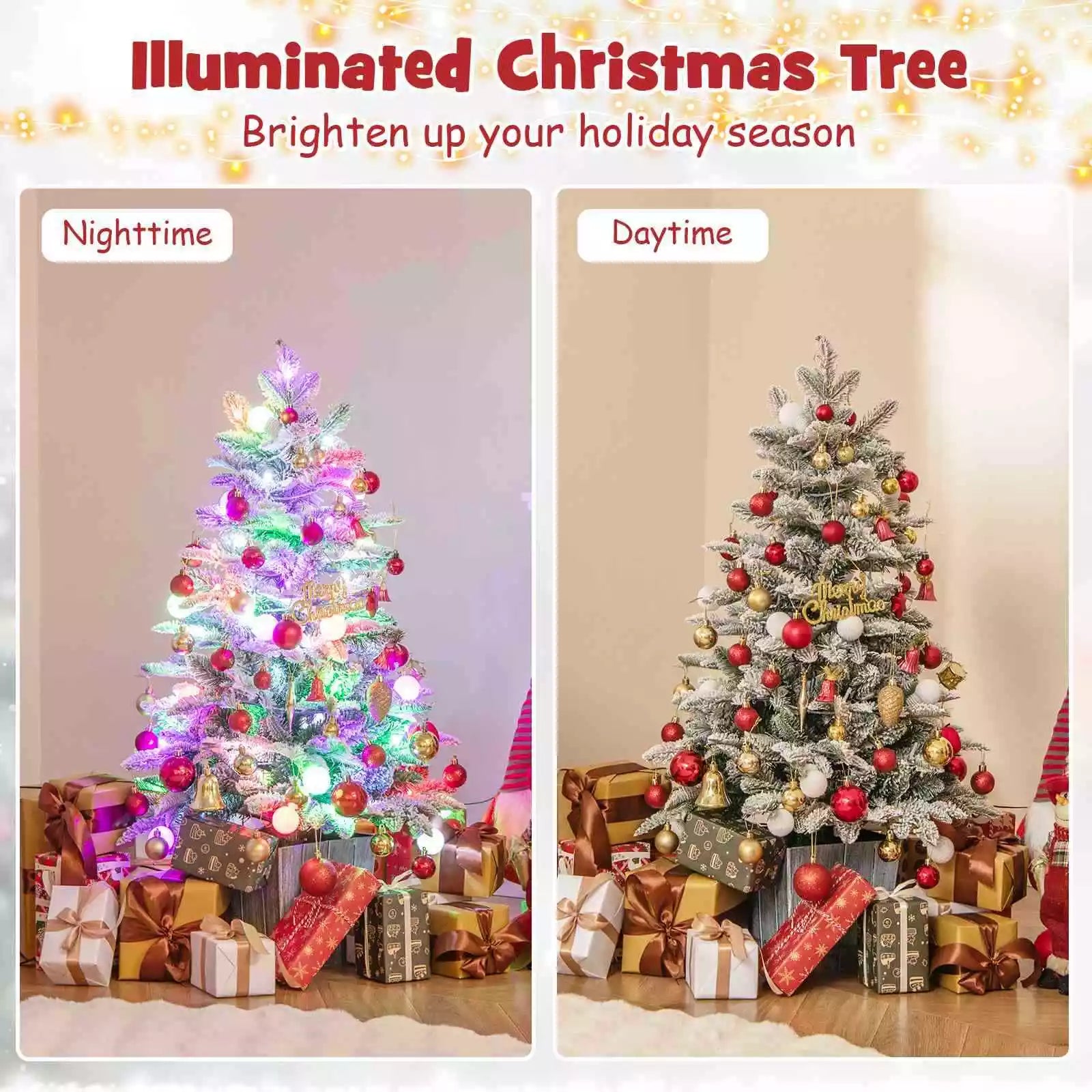 110CM Pre-Lit Snow Flocked Christmas Tree Potted Xmas Decor w/Globe Lights Home