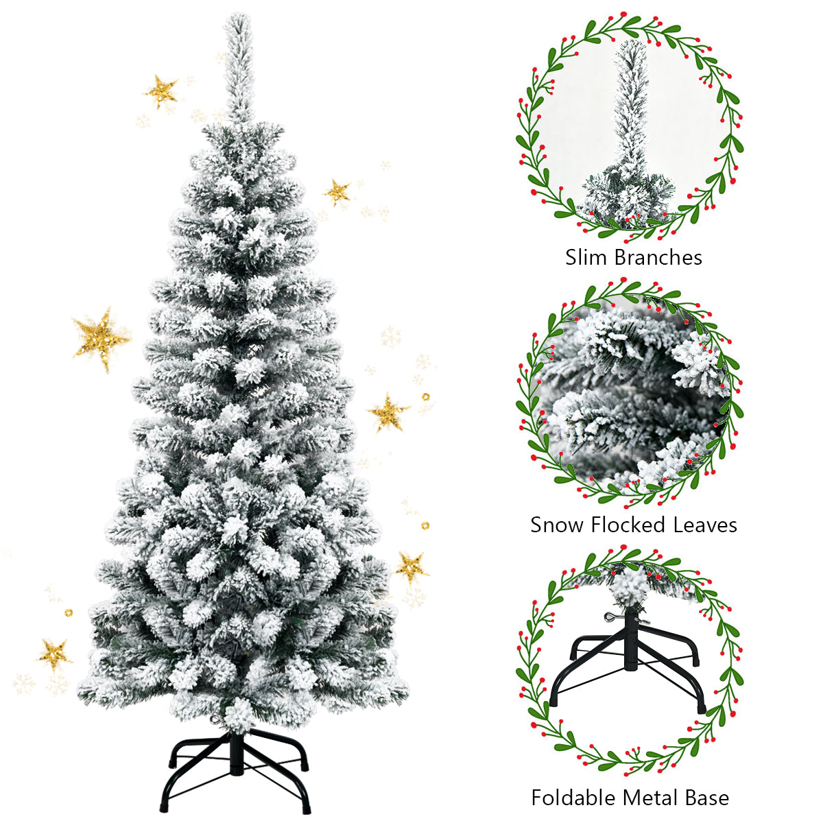 135cm Artificial Pencil Unlit Snow Flocked Hinged Pine Christmas Tree