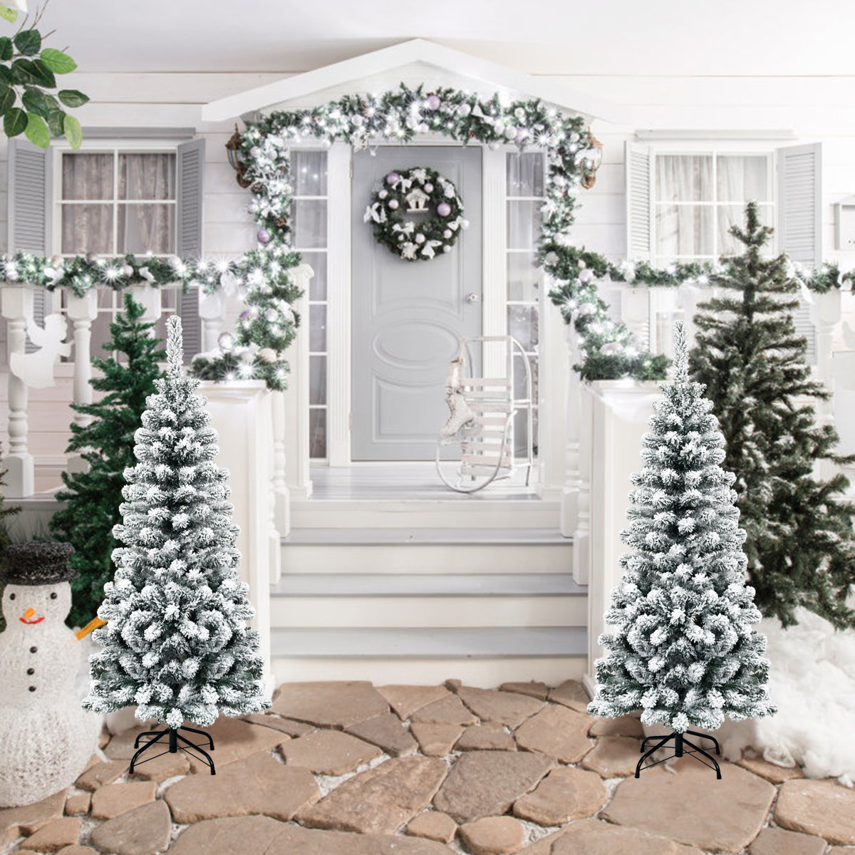 135cm Artificial Pencil Unlit Snow Flocked Hinged Pine Christmas Tree
