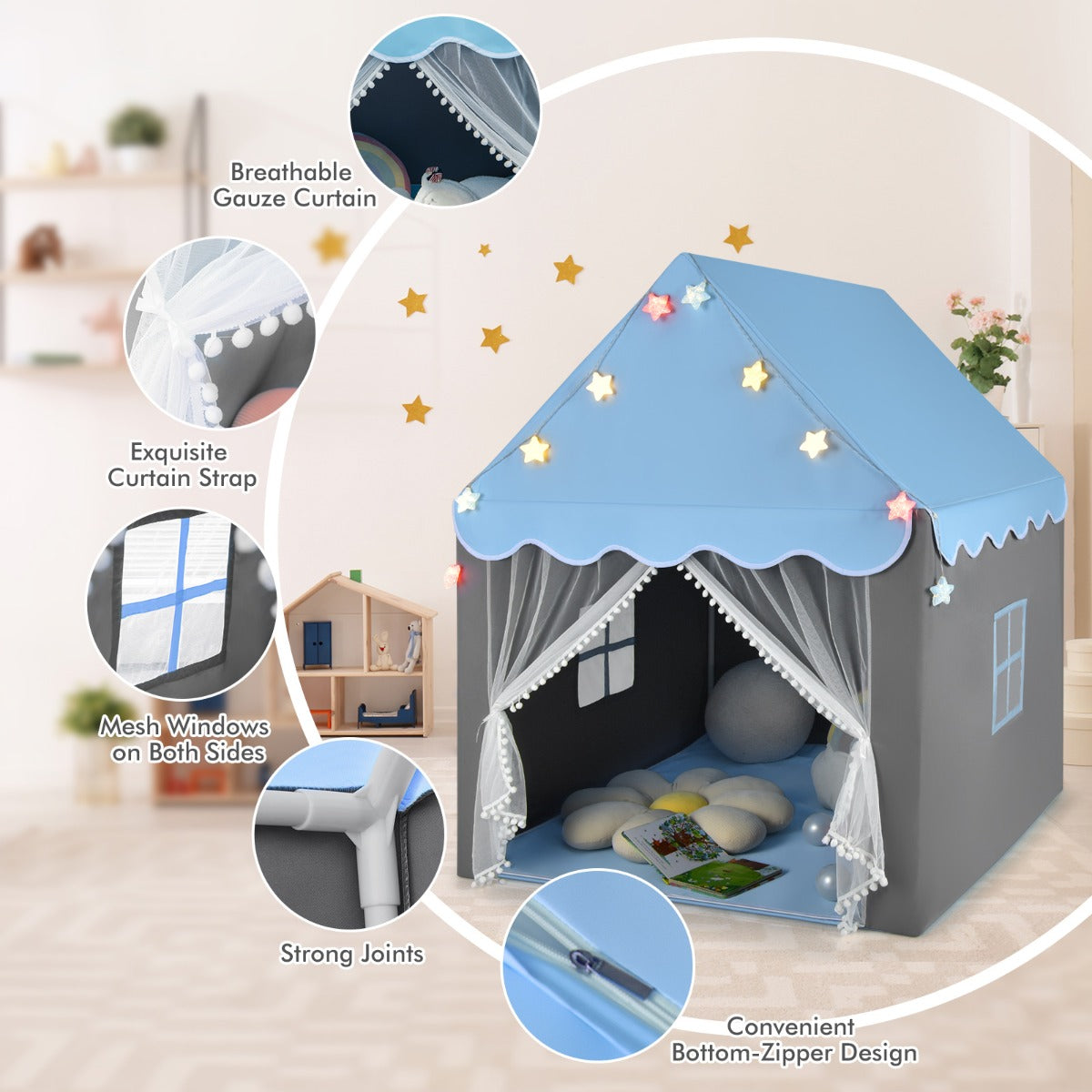Kids Playhouse Tent with Washable Mat for Boys & Girls