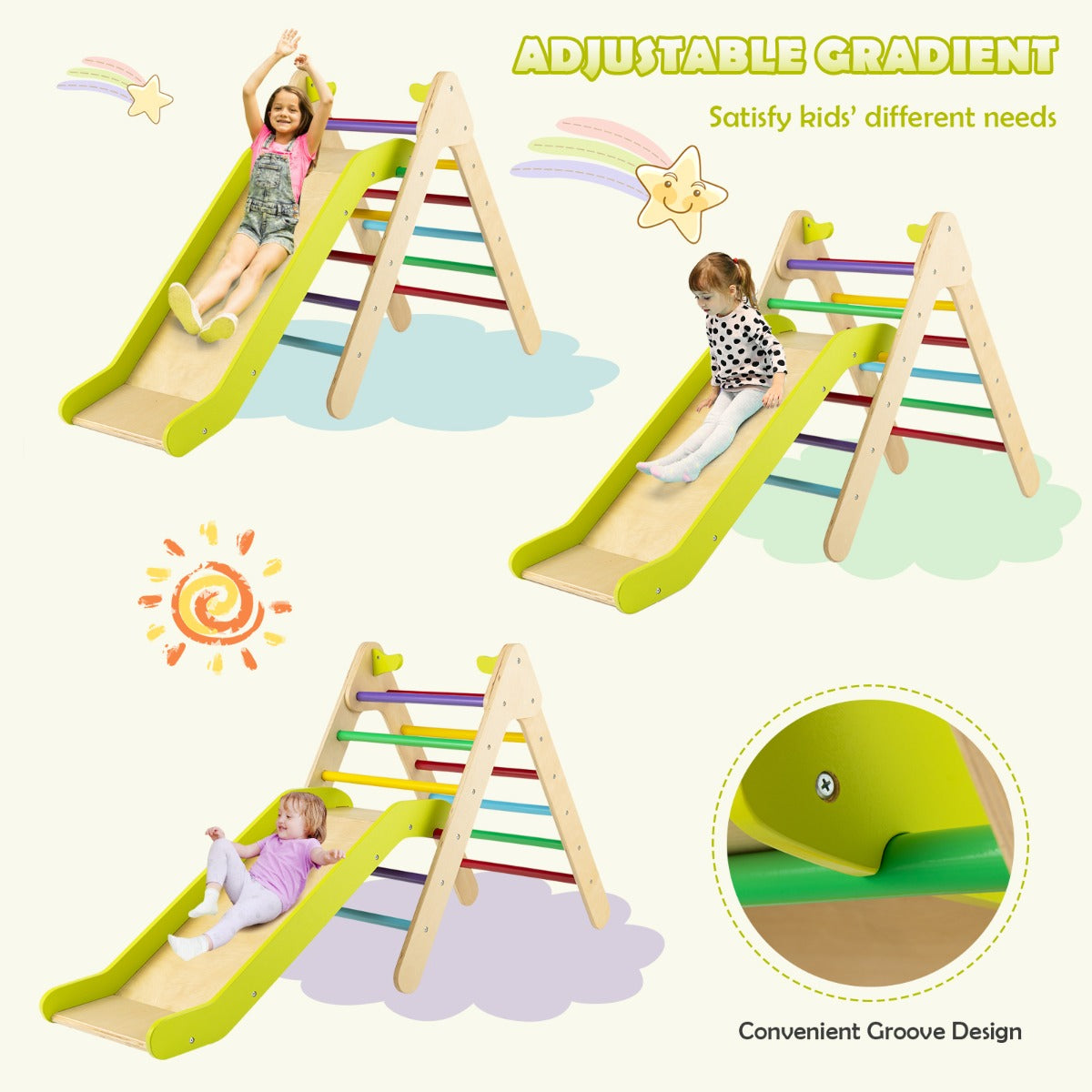 2 in 1 Kids Wooden Climbing Triangle Set with Slide