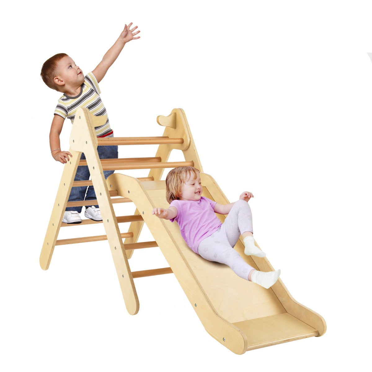 2 in 1 Kids Wooden Climbing Triangle Set with Slide