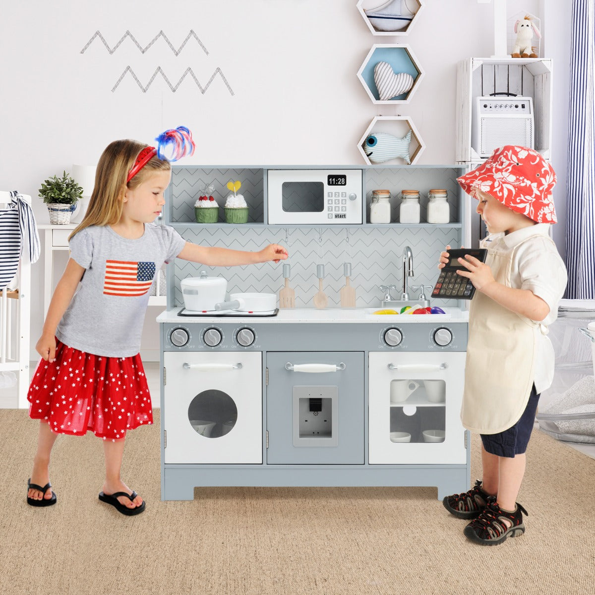 Kids Wooden Pretend Kitchen Playset with Accessories