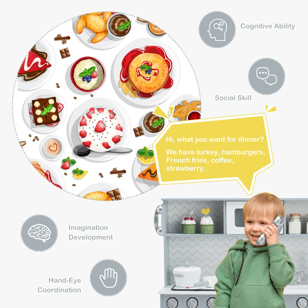 Kids Wooden Pretend Kitchen Playset with Accessories