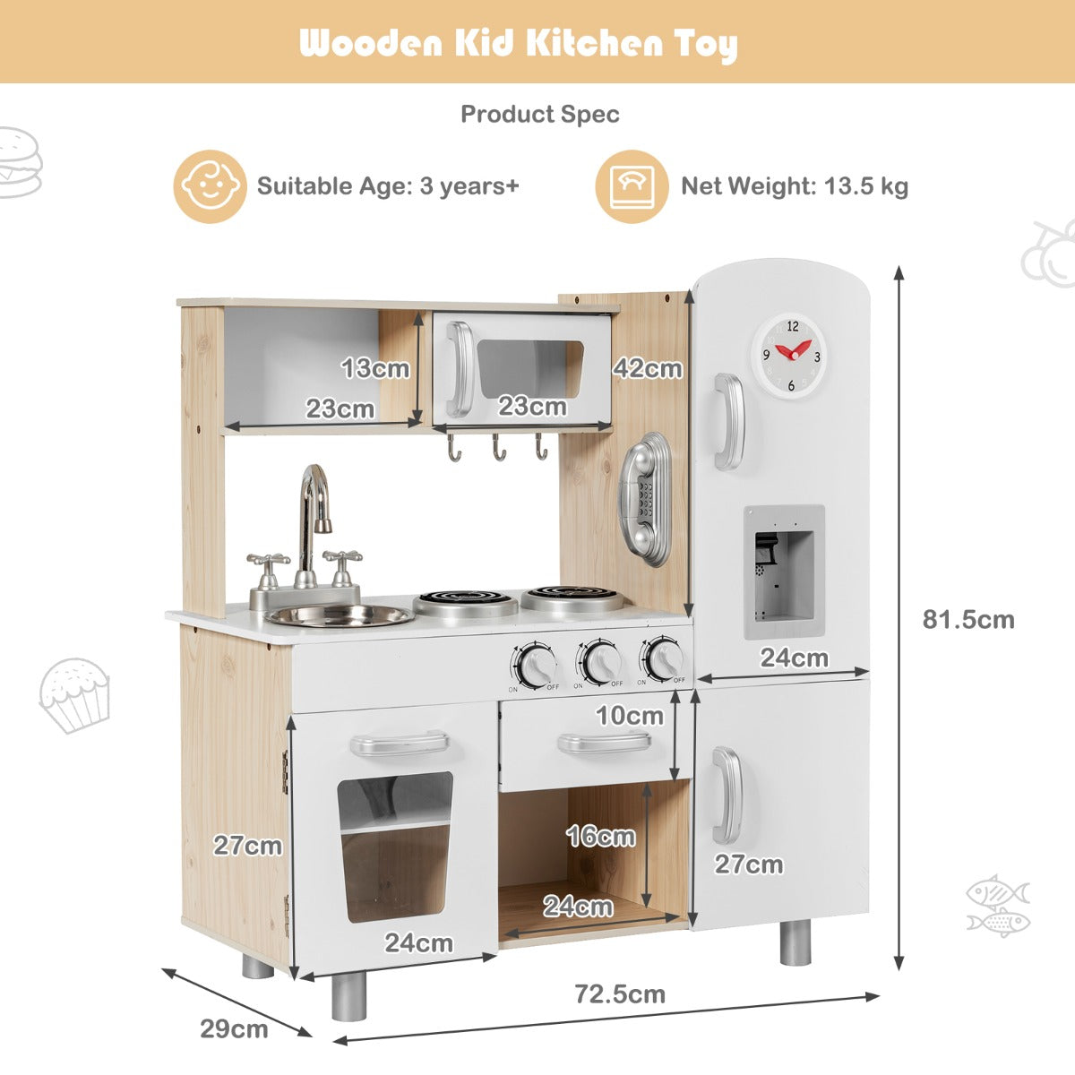 Kids Wooden Pretend Cooking Food Playset with Water Dispenser