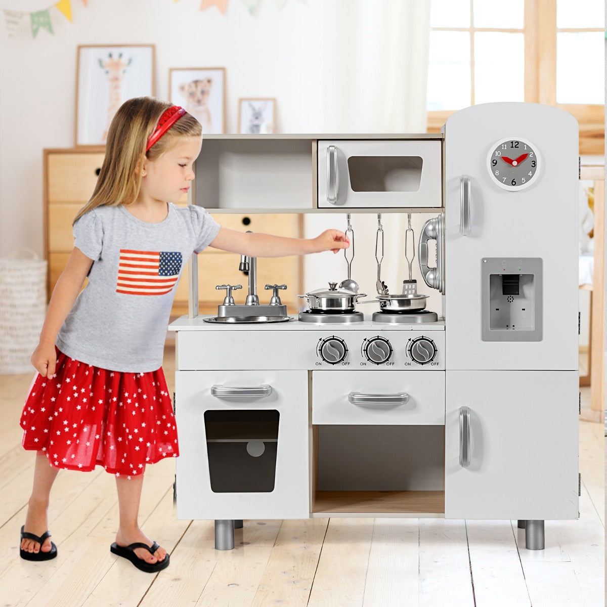 Kids Wooden Pretend Cooking Food Playset with Water Dispenser