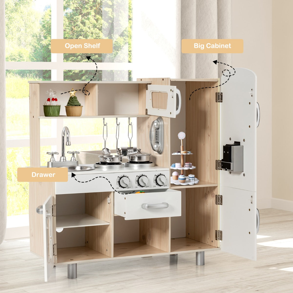 Kids Wooden Pretend Cooking Food Playset with Water Dispenser