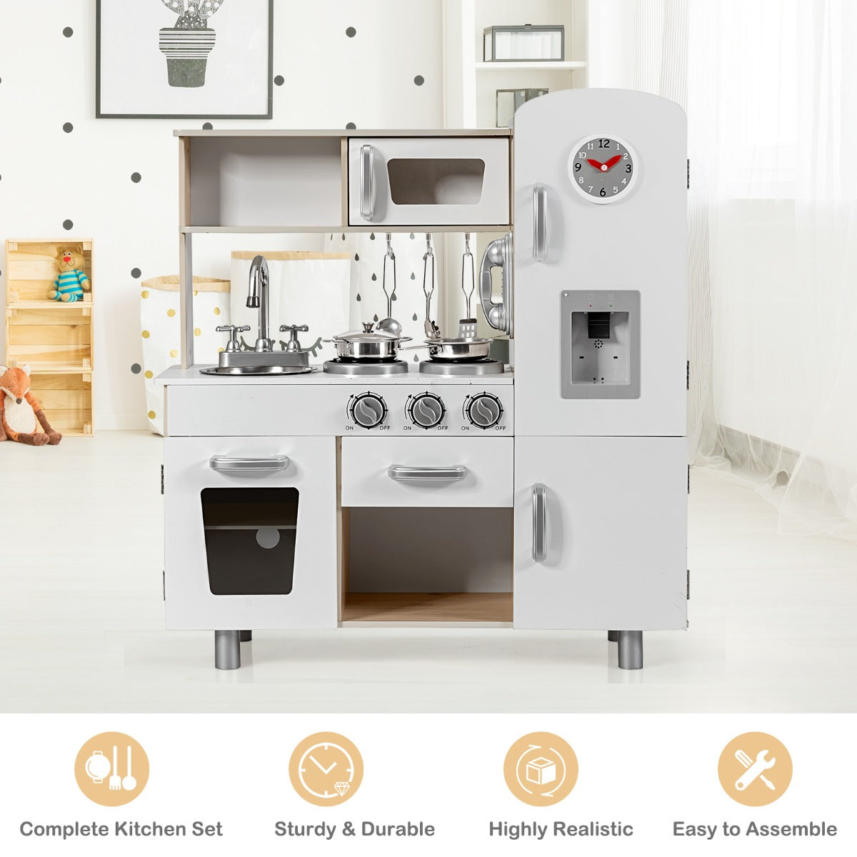 Kids Wooden Pretend Cooking Food Playset with Water Dispenser