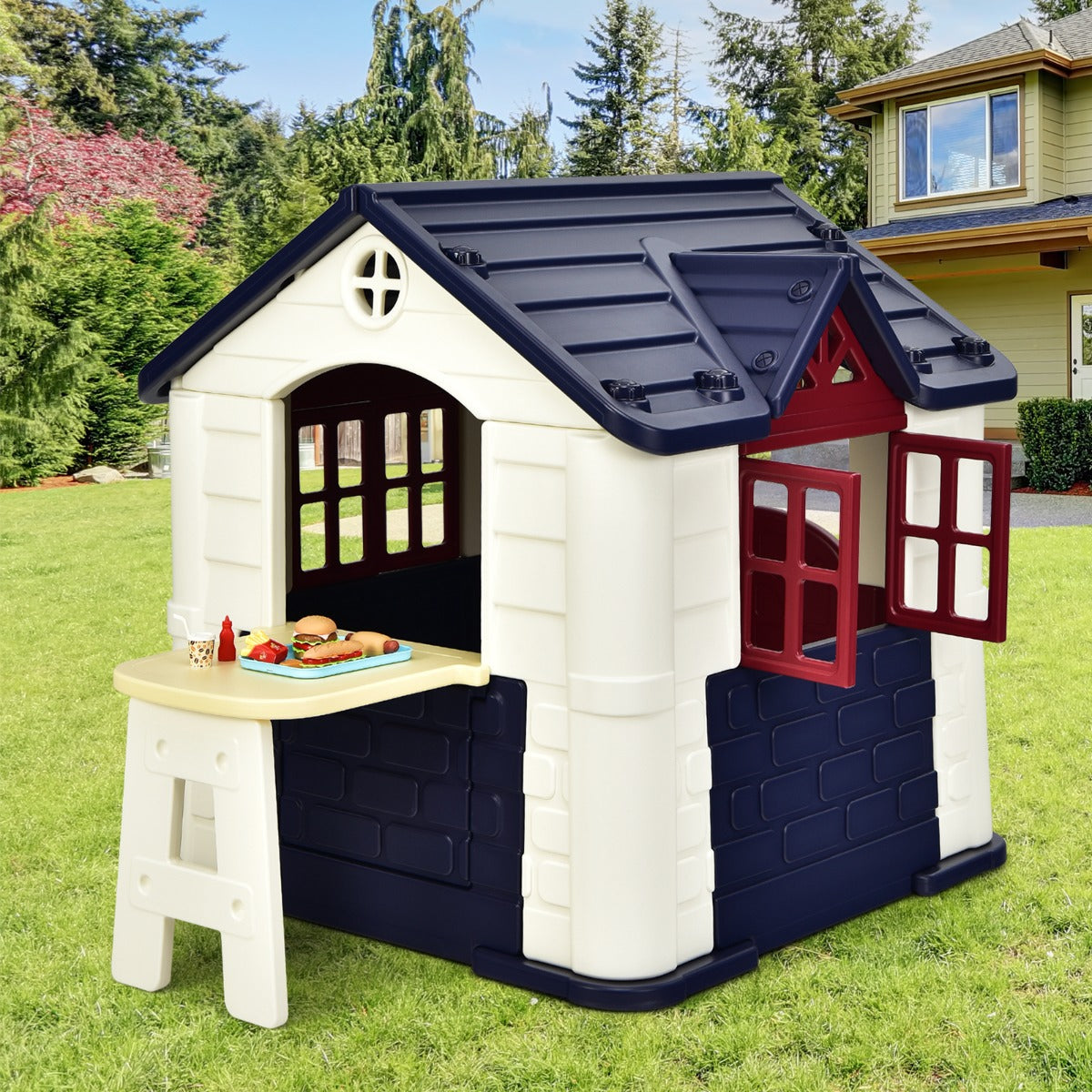 Kid's Pretend Toy Playhouse with Working Doors and Windows