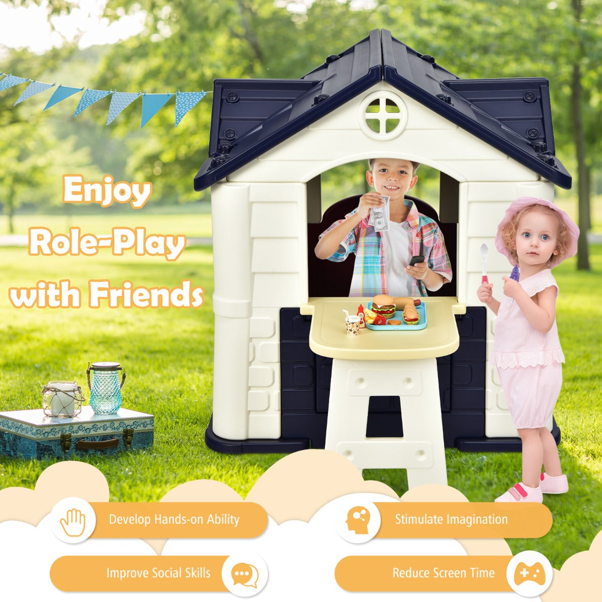 Kid's Pretend Toy Playhouse with Working Doors and Windows