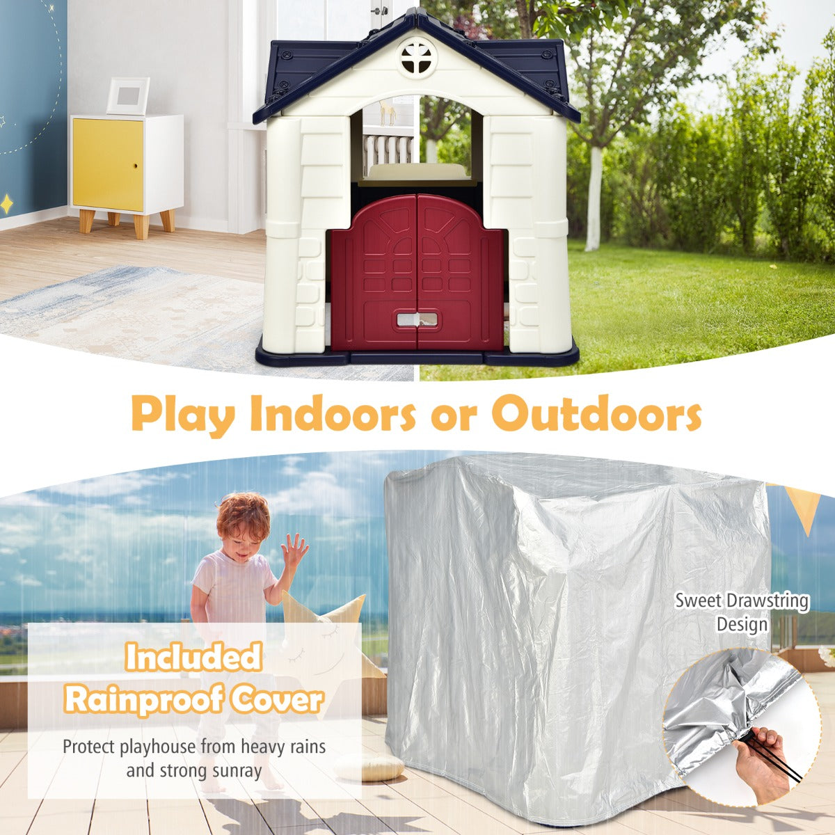 Kid's Pretend Toy Playhouse with Working Doors and Windows