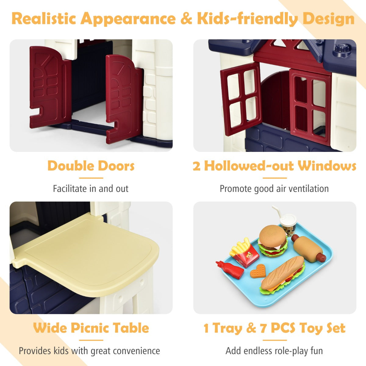 Kid's Pretend Toy Playhouse with Working Doors and Windows
