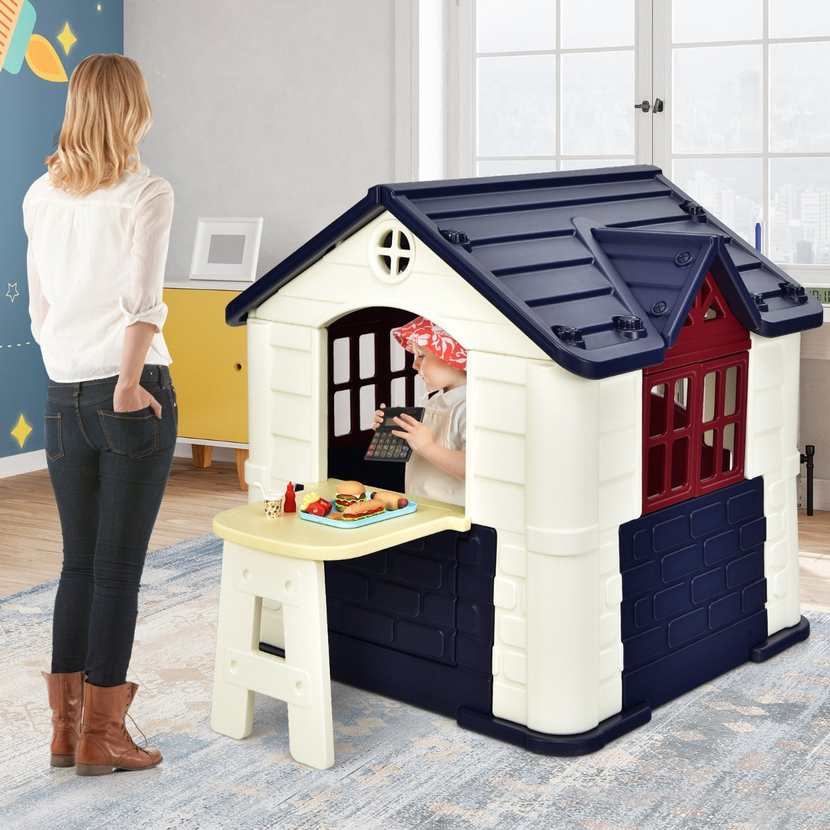 Kid's Pretend Toy Playhouse with Working Doors and Windows