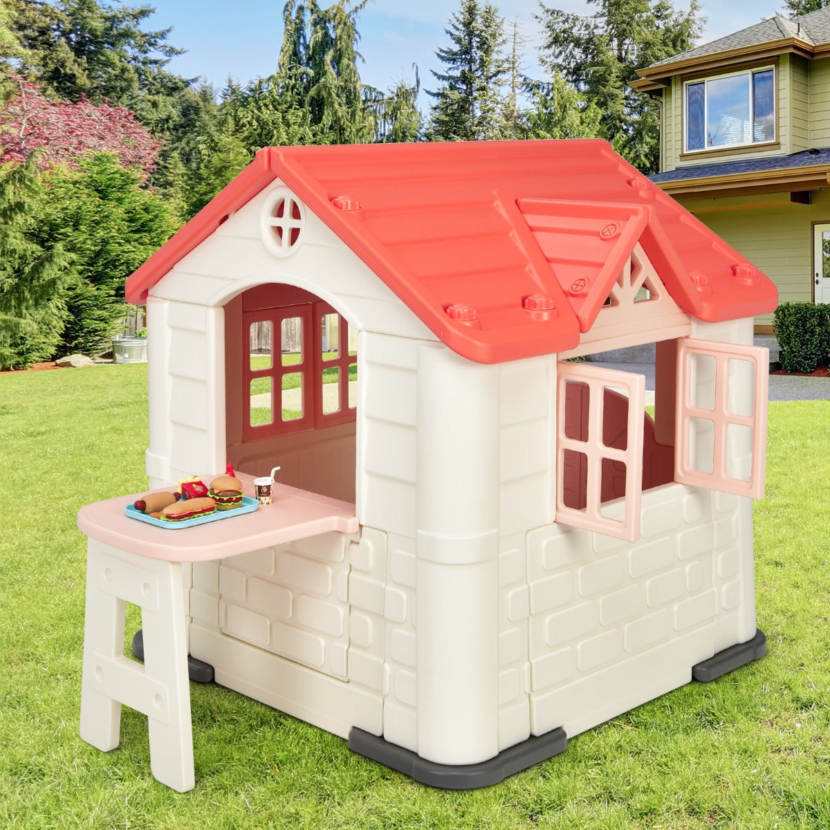Kid's Pretend Toy Playhouse with Working Doors and Windows
