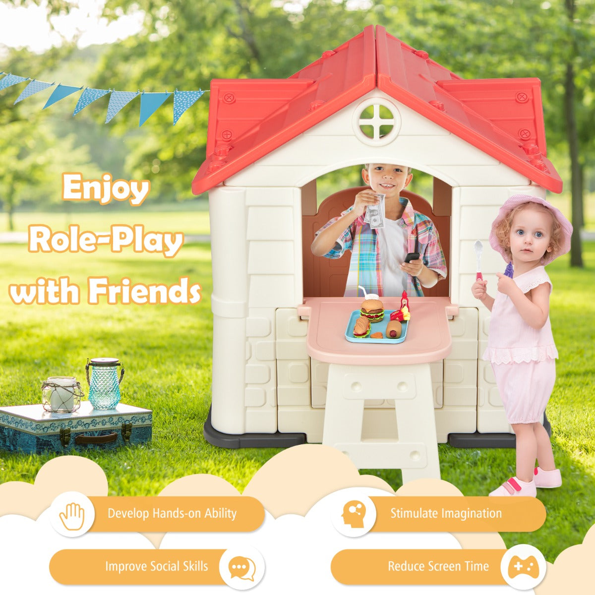 Kid's Pretend Toy Playhouse with Working Doors and Windows