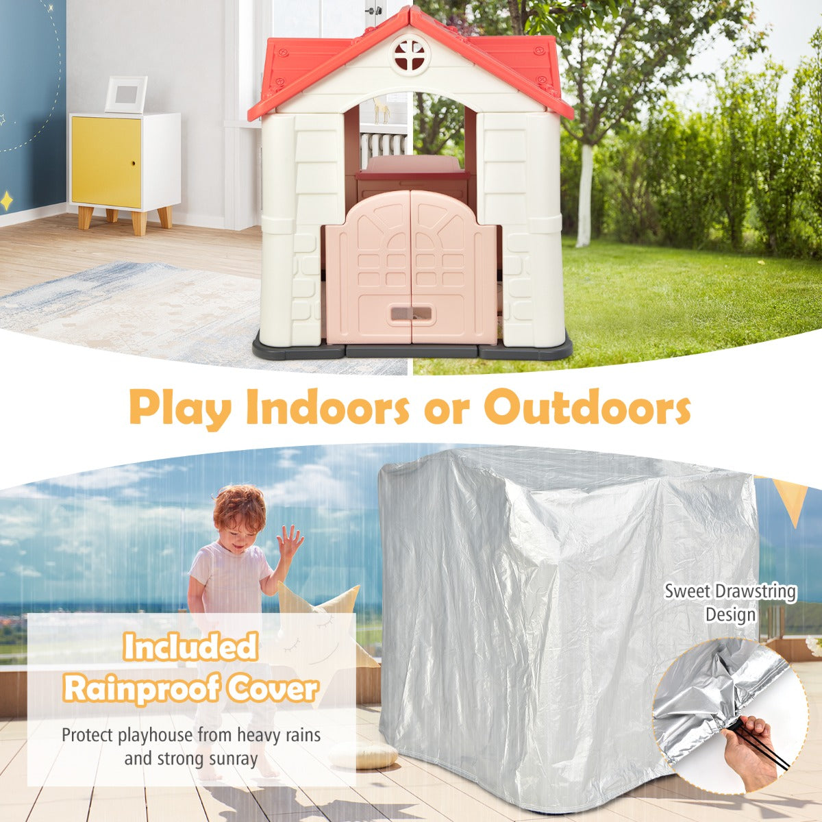 Kid's Pretend Toy Playhouse with Working Doors and Windows