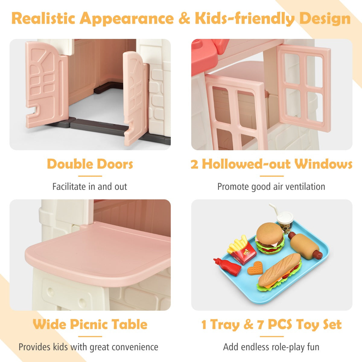 Kid's Pretend Toy Playhouse with Working Doors and Windows