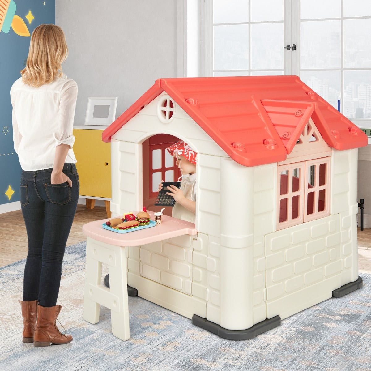 Kid's Pretend Toy Playhouse with Working Doors and Windows