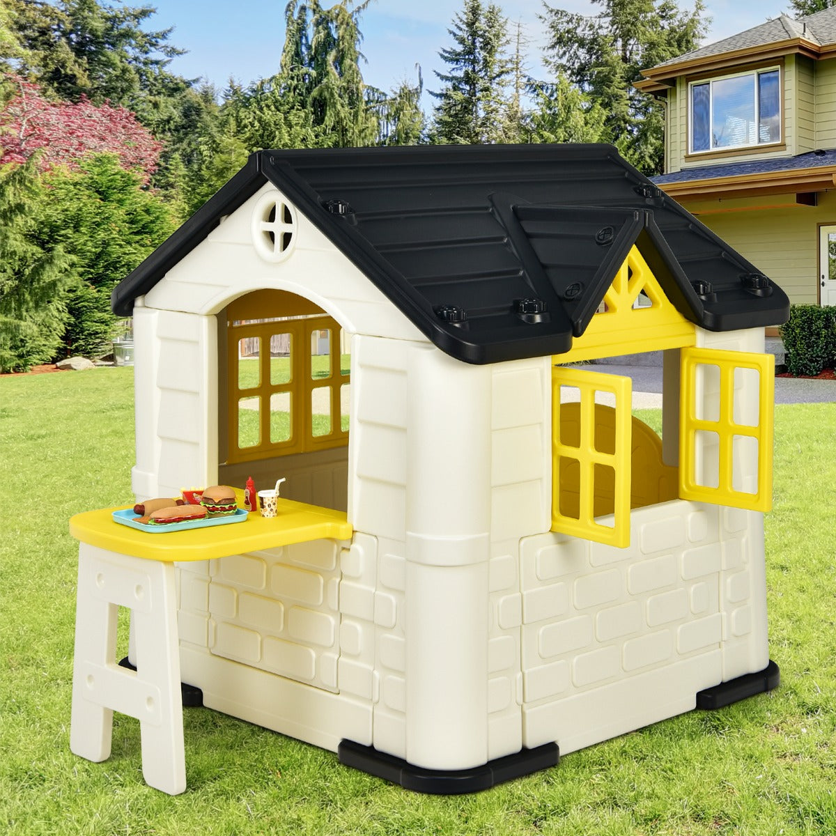 Kid's Pretend Toy Playhouse with Working Doors and Windows
