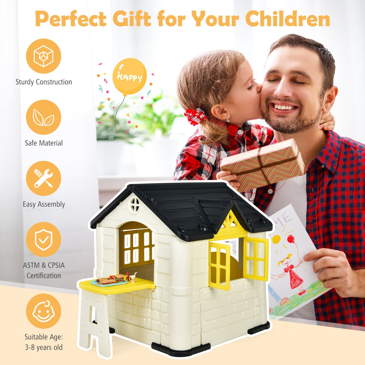 Kid's Pretend Toy Playhouse with Working Doors and Windows