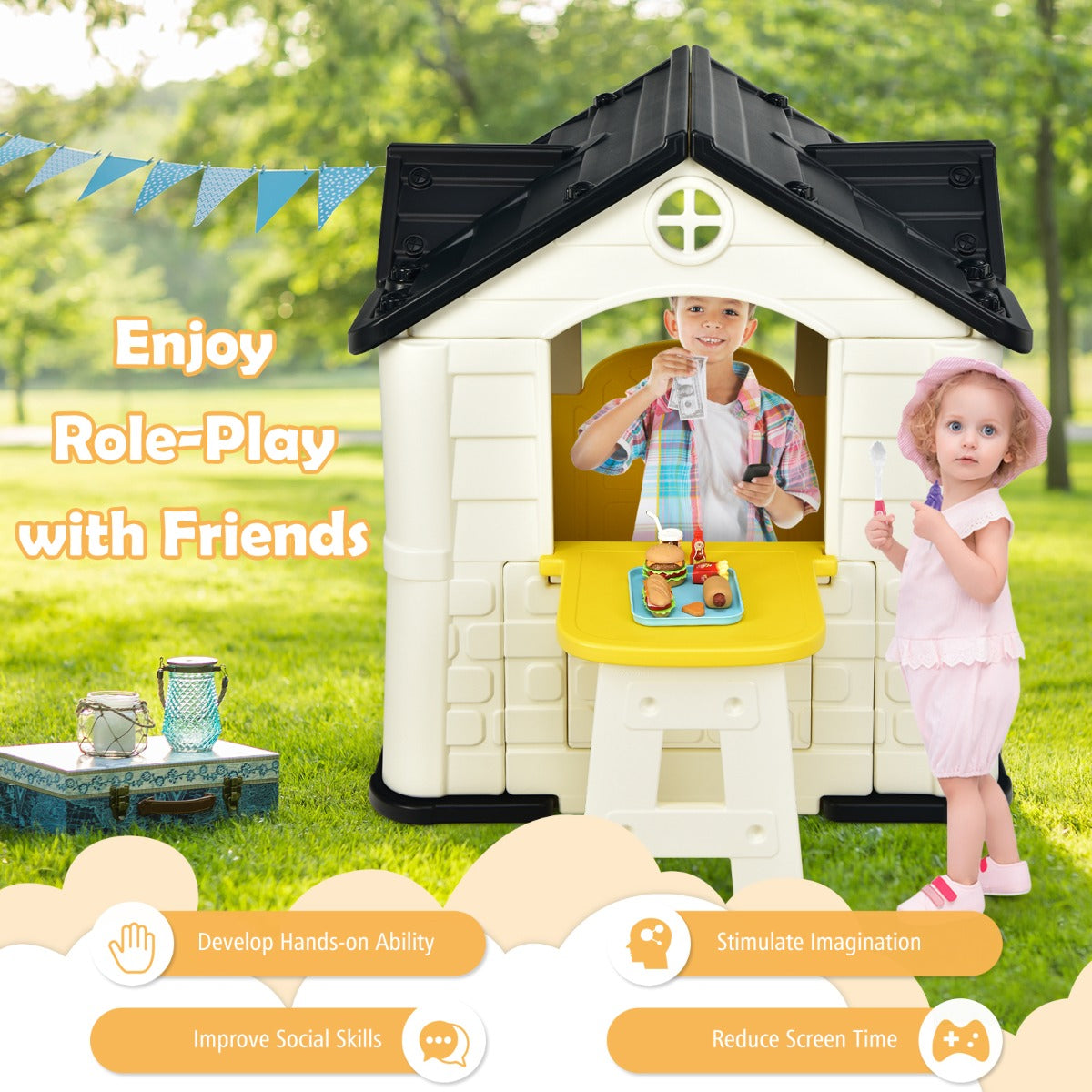 Kid's Pretend Toy Playhouse with Working Doors and Windows