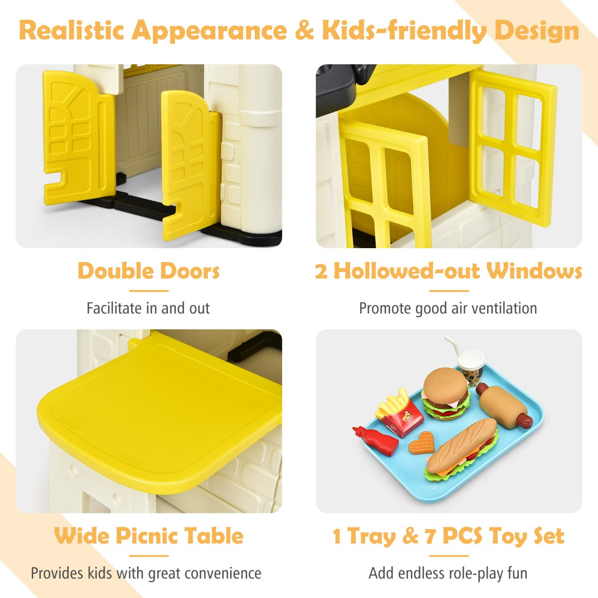 Kid's Pretend Toy Playhouse with Working Doors and Windows