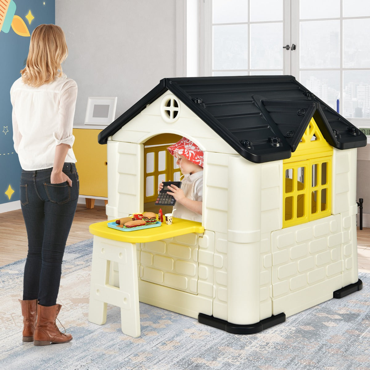 Kid's Pretend Toy Playhouse with Working Doors and Windows