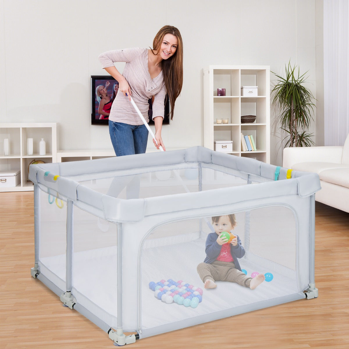 124 x 124 x 70 cm Foldable Baby Playpen Interactive Activity Center with Balls Pull Rings