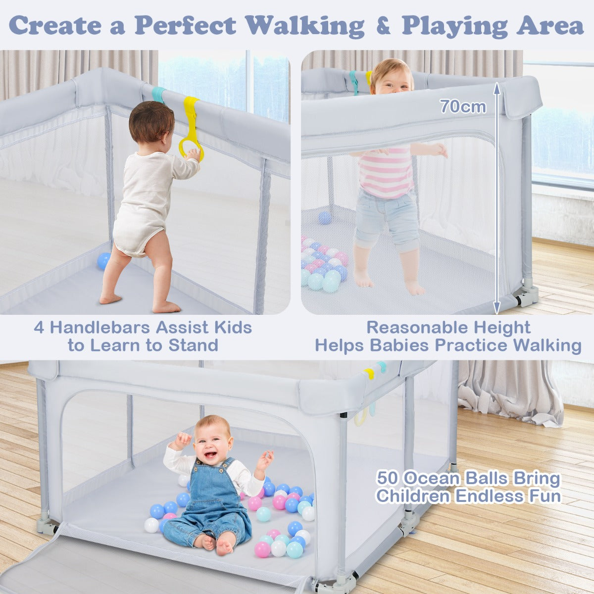 124 x 124 x 70 cm Foldable Baby Playpen Interactive Activity Center with Balls Pull Rings