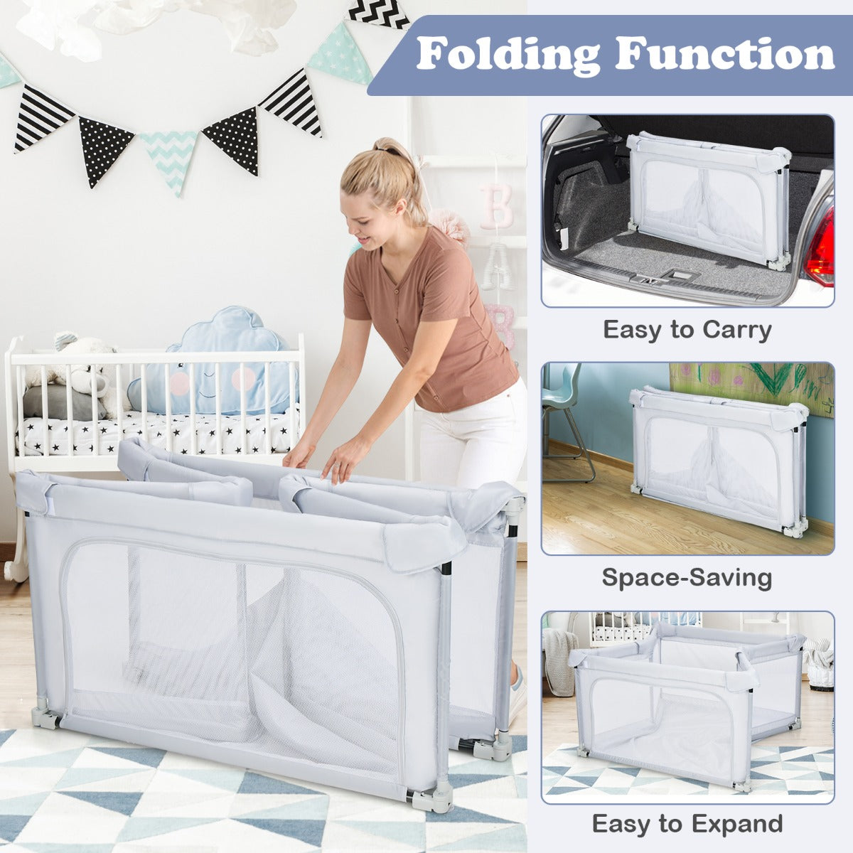 124 x 124 x 70 cm Foldable Baby Playpen Interactive Activity Center with Balls Pull Rings