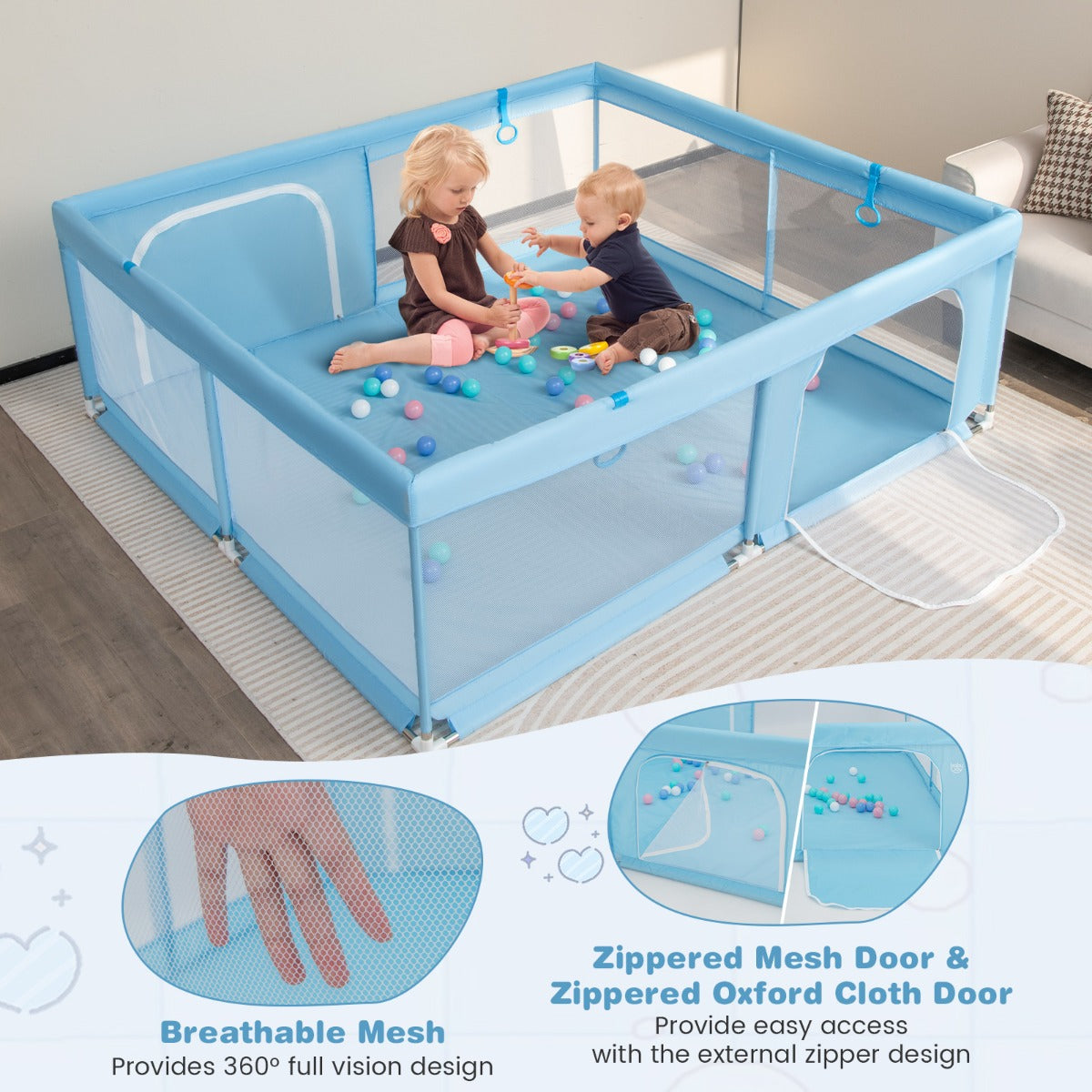 200 x 180 x 68 cm Baby Safety Playard with Soft Breathable Mesh