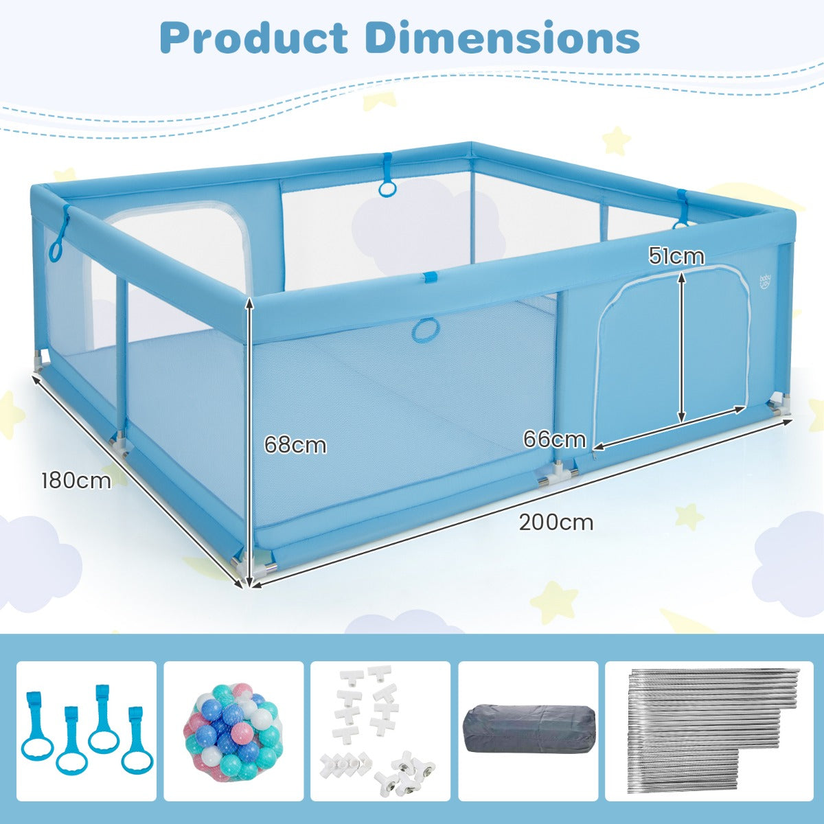 200 x 180 x 68 cm Baby Safety Playard with Soft Breathable Mesh