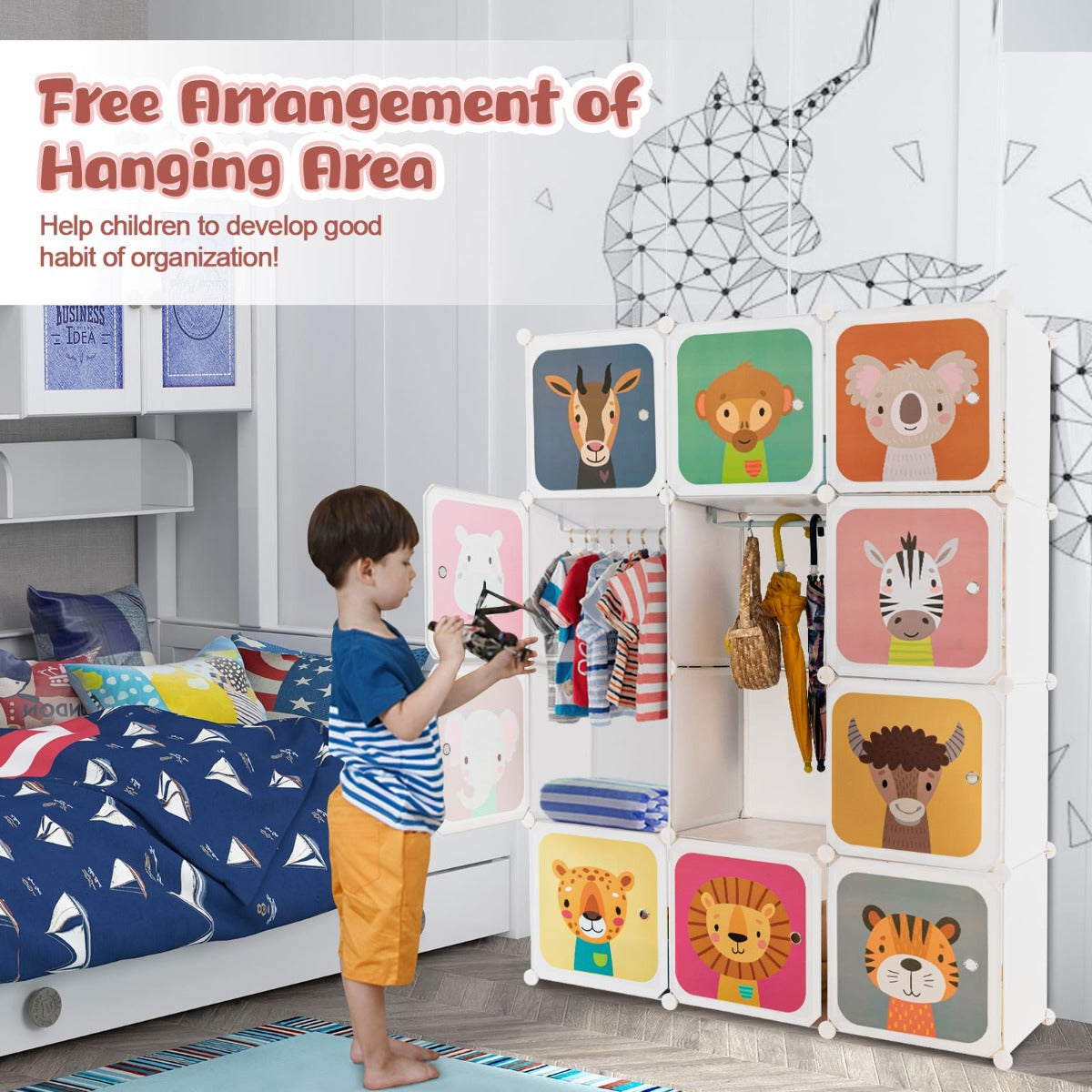 12-Cube Wardrobe Baby Dresser with Doors and 2 Rods